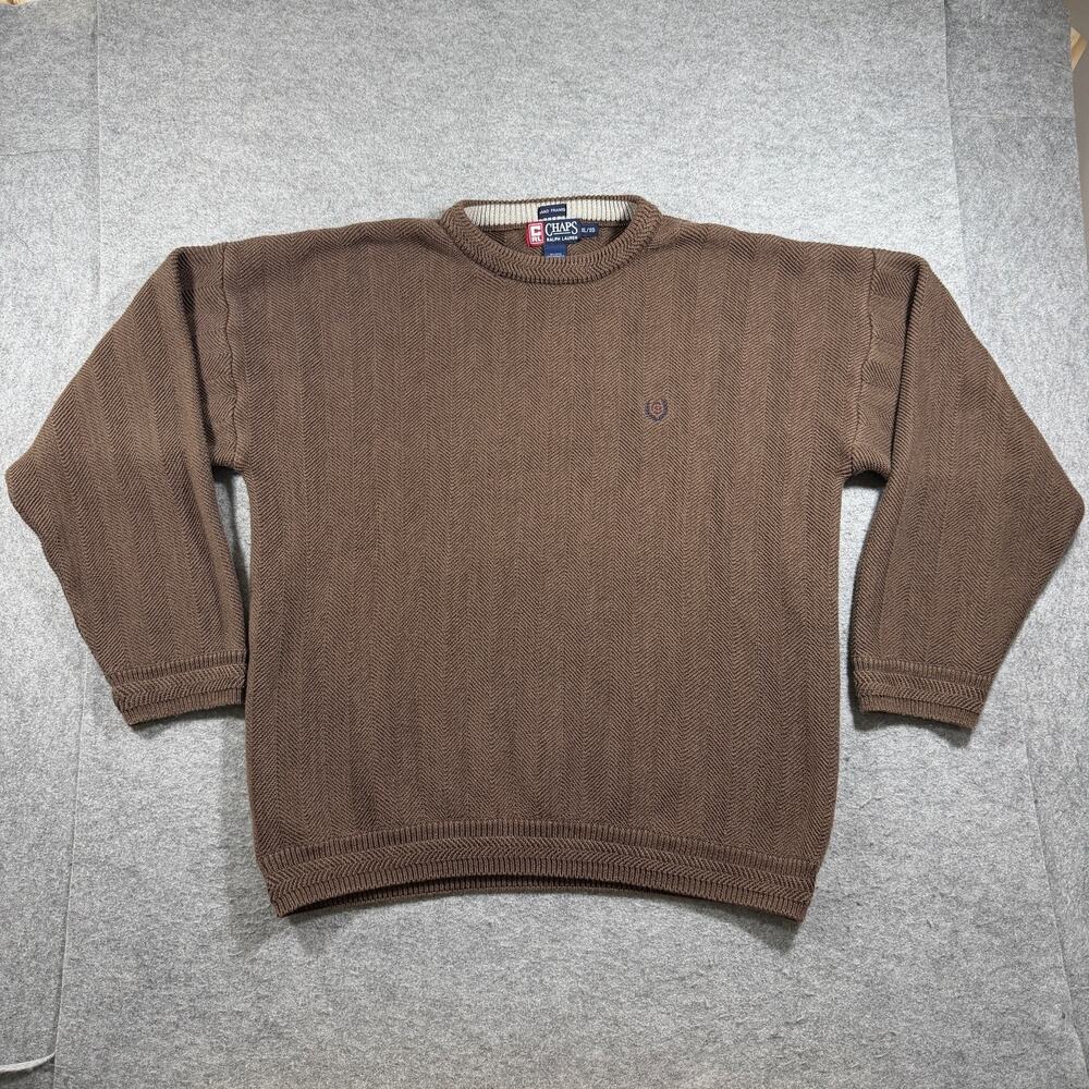 Vintage Chaps Ralph Lauren Sweater Mens XL Brown Herringbone Cotton Fall Preppy